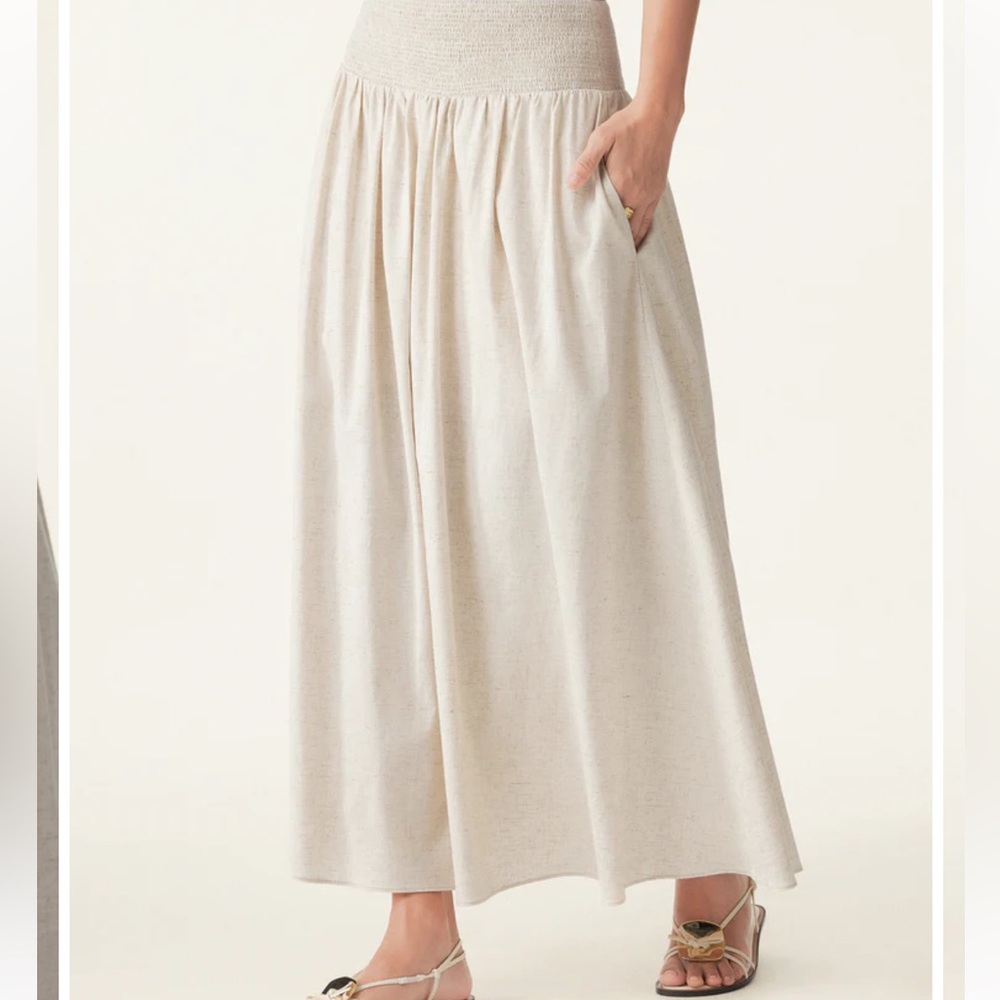 OGL Beige Linen Flow Long Maxi Skirt With Pockets Elastic Waist Lined Effortless - Picture 10 of 14